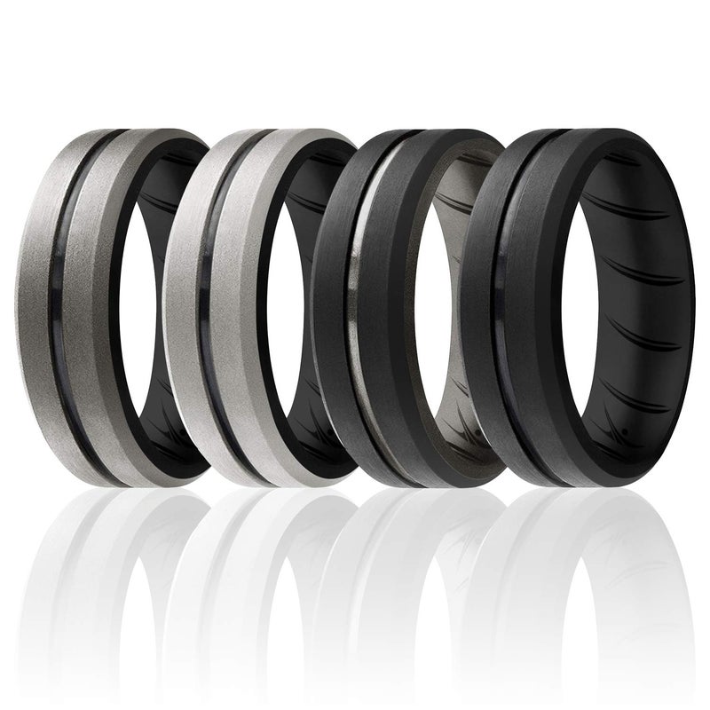 ROQ Silicone Rubber Wedding Ring for Men, Comfort Fit, Men's Wedding Band, Breathable Rubber Engagement Band, 8mm Wide 2mm Thick, Engraved Duo Middle Line, 4 Pack, Black, Dark Silver, Silver, Size 10 - Image 1